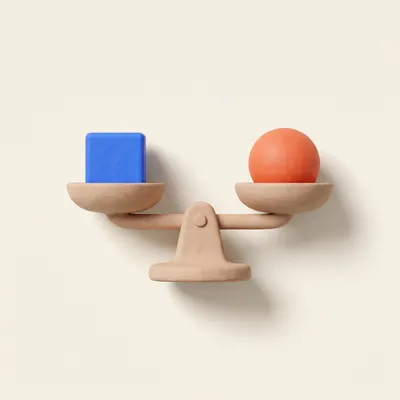 Clay two-pan scale weighing a cobalt cube against a coral sphere