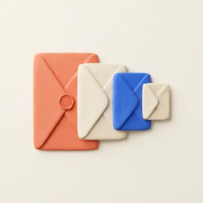Four clay envelopes of different sizes fanned in a row