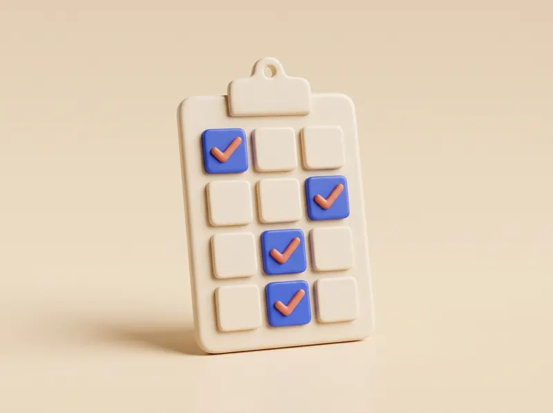 Clay clipboard holding a grid of requirement tiles, three checked