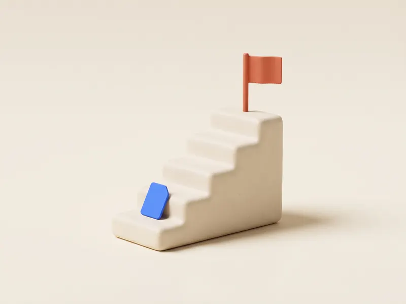 Clay stair steps ascending to a small coral flag