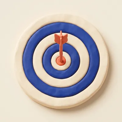 Clay archery target with a coral arrow in the bullseye
