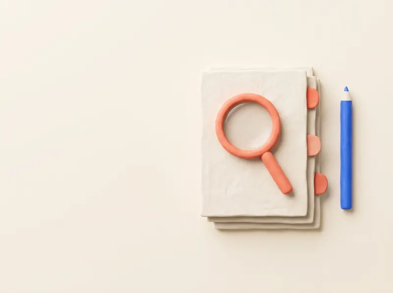 Clay still life: a stack of documents with a magnifying glass and bookmark tabs