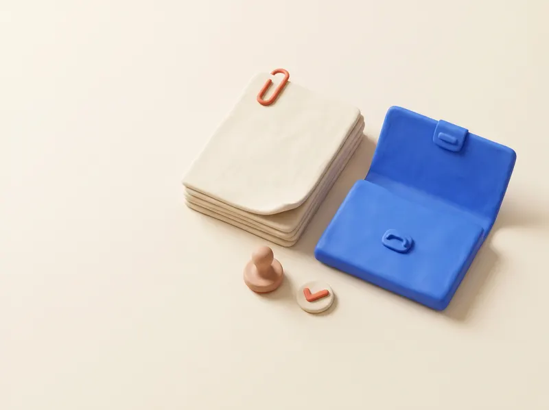 Clay-render still life of a bid desk: a stack of tender documents with a coral paperclip, an open cobalt folder, a stamp and an approved mark