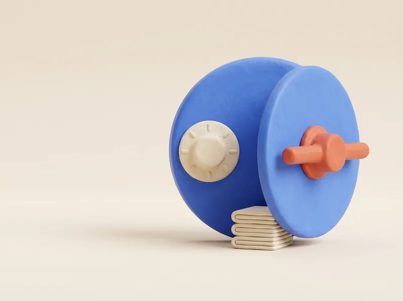 Clay-render still life of a cobalt bank-vault door standing ajar with a stack of documents stored safely inside